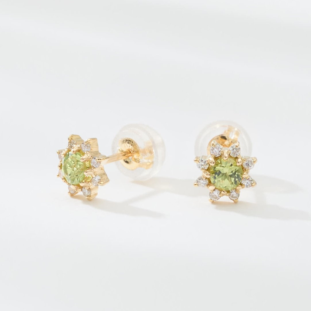 【受注生産】K18 誕生石×ダイヤモンド スタッドピアス （8月：ペリドット）❘ 96-3047